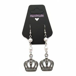 Creation 👑 Earrings - Crown antique Silver tone / peal beads Earrings